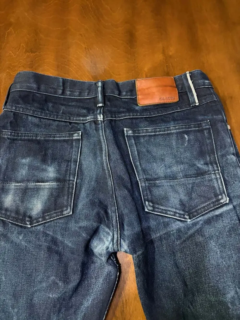 GUSTIN Mens Slim Fit Raw Jeans Size 32x32 California Sewn Dark Wash Selvedge